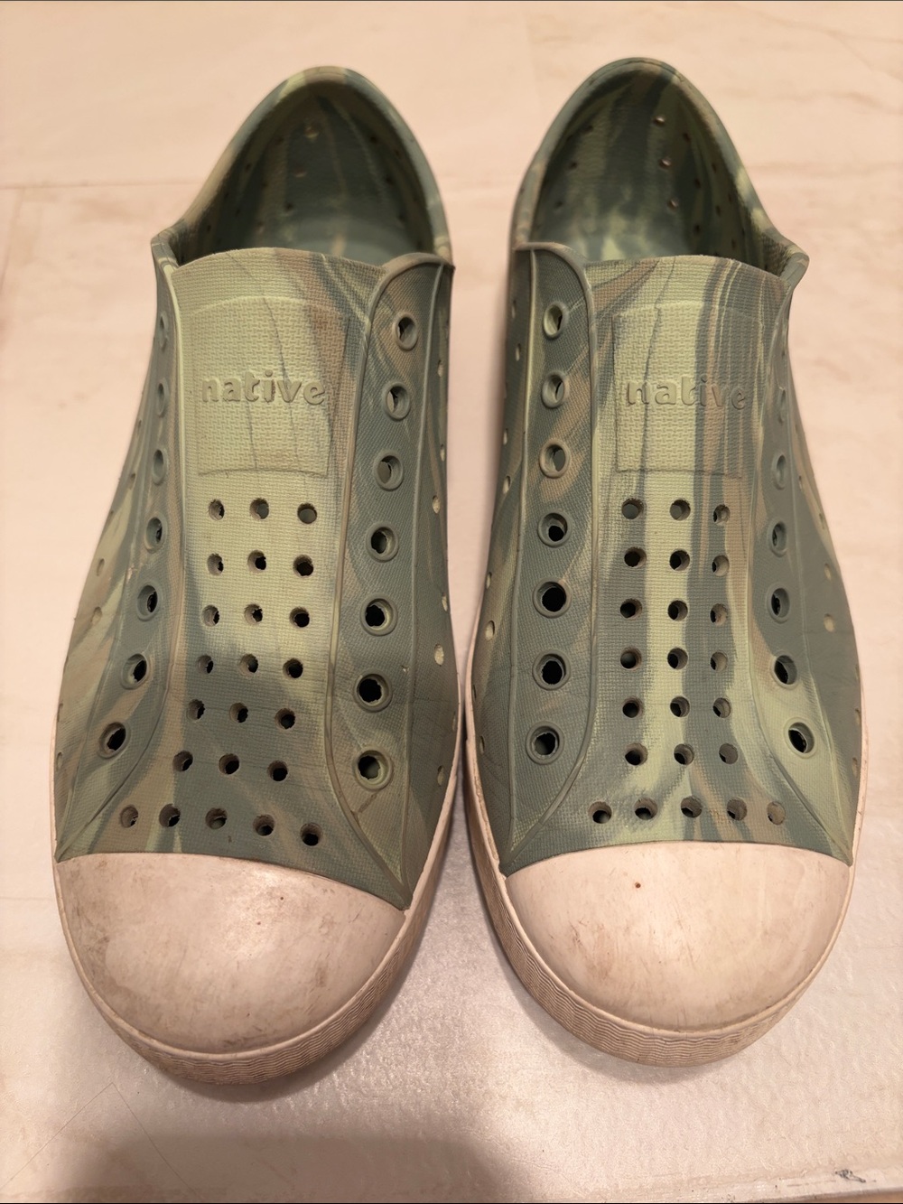 Native Men's Slip-On Shoes in Olive Green with White Toe Caps